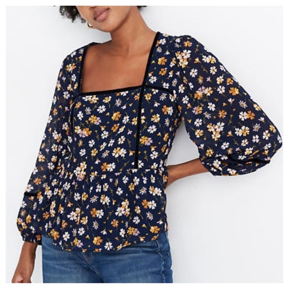 Madewell Velvet-Trimmed Square-Neck Top in Petal Party xs